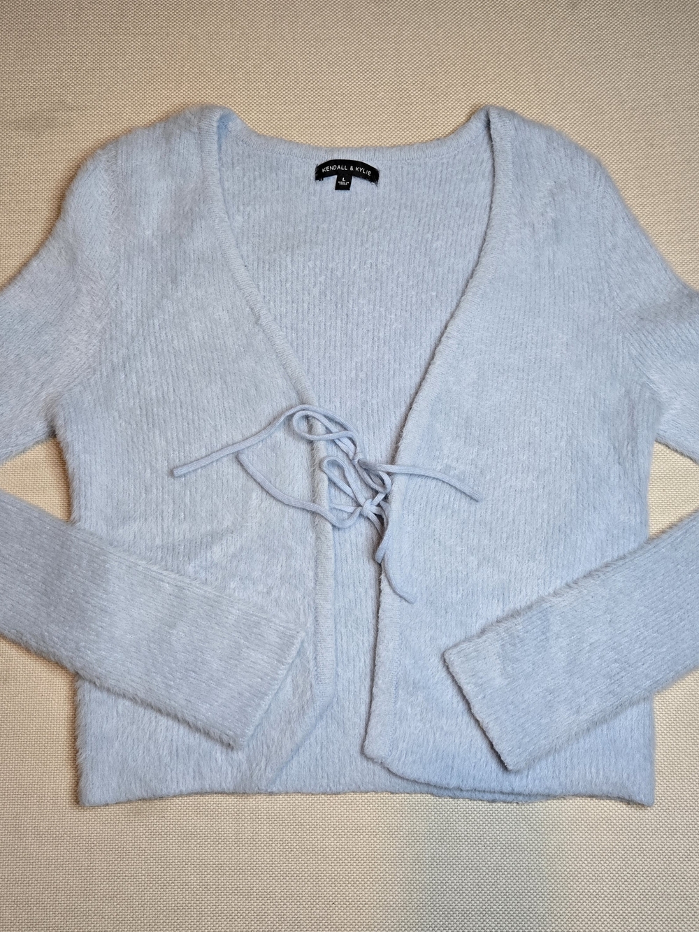 Kendall & Kylie Women's Large Blue Tie in Front Furry Sweater Cardigan Comfy